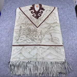Vintage Gomez Genuine‎ Leather Poncho Mexico Fringe Beige Deer Artwear *Read